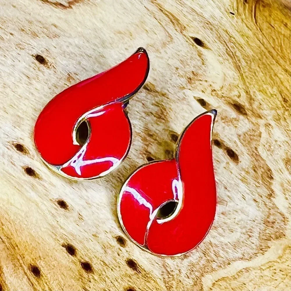 Vintage Enamel  Red Gold Tone Enamel Wave Pierced Earrings 90s Y2K